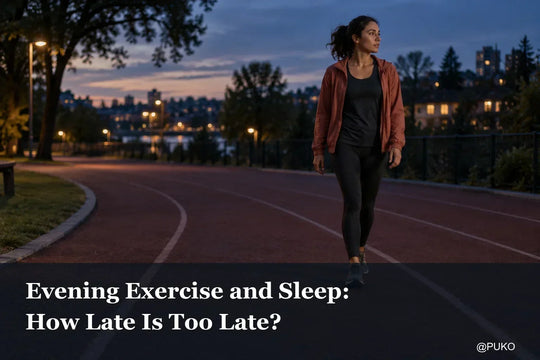 A woman slows to a walk on a running track at dusk, with the title Evening Exercise and Sleep: How Late Is Too Late? and a small @PUKO mark.