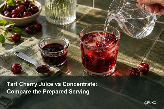 Water poured into a ruby cherry drink beside concentrate and a measuring spoon, with the title Tart Cherry Juice vs Concentrate: Compare the Prepared Serving and @PUKO.