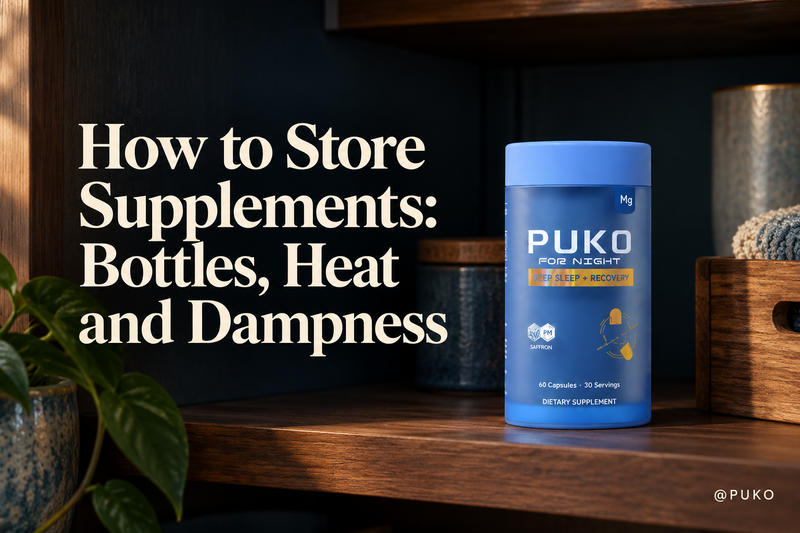Editorial illustration of a PUKO Deep Sleep + Recovery bottle in a cupboard with the complete supplement-storage article title
