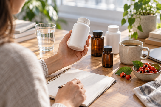 Coffee, tea, capsules, and a supplement facts panel arranged for an energy supplement label comparison.