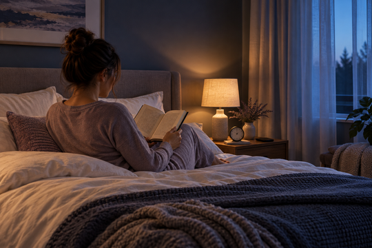 A calm evening bedroom with a clock, book, and dim lamp arranged for a practical sleep-onset routine.