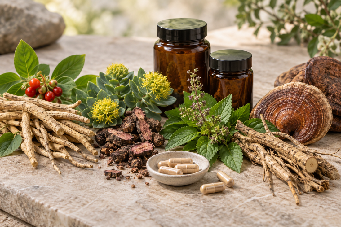 Illustrative arrangement of adaptogenic botanicals, roots, leaves, mushrooms and supplement capsules.