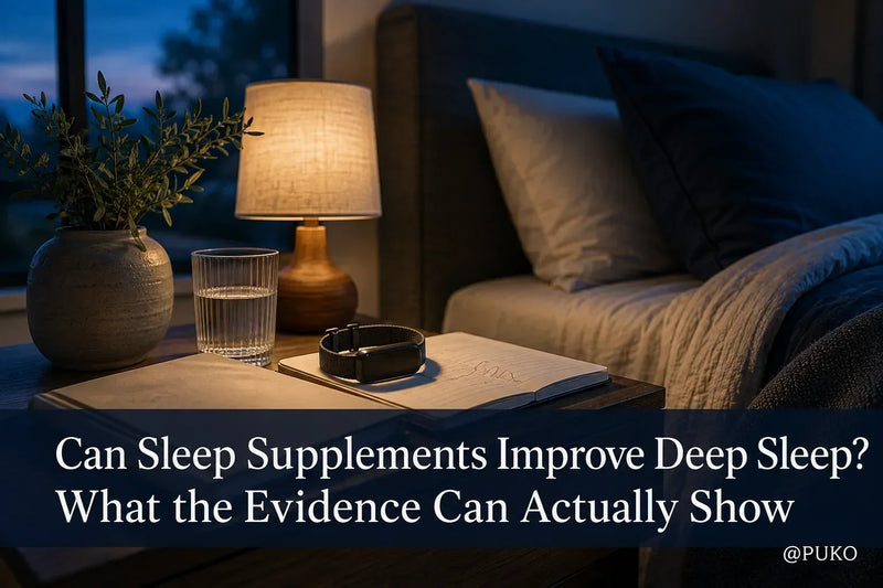 A refined blue-hour bedroom with a wearable on a journal beneath the title Can Sleep Supplements Improve Deep Sleep? What the Evidence Can Actually Show and a small @PUKO watermark