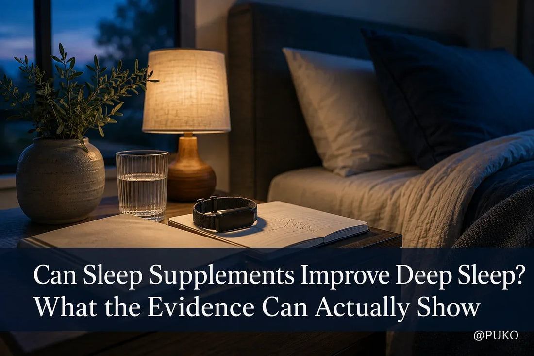 A refined blue-hour bedroom with a wearable on a journal beneath the title Can Sleep Supplements Improve Deep Sleep? What the Evidence Can Actually Show and a small @PUKO watermark