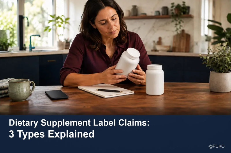 Editorial cover titled “Dietary Supplement Label Claims: 3 Types Explained” with supplement-label imagery and an @PUKO watermark.