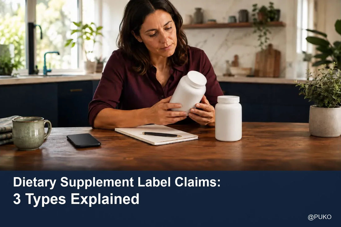 Editorial cover titled “Dietary Supplement Label Claims: 3 Types Explained” with supplement-label imagery and an @PUKO watermark.