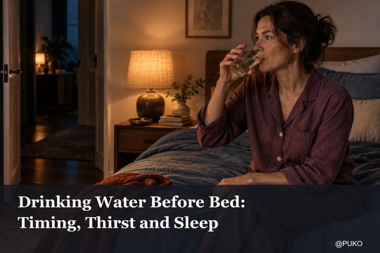 Woman sipping bedside water; article title and @PUKO.