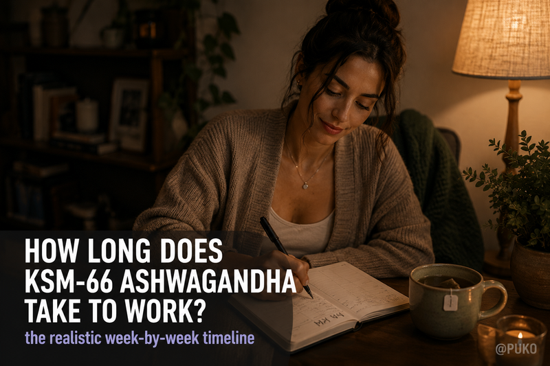 Woman marking a six-week goal in her journal during a calm evening routine, illustrating the KSM-66 ashwagandha timeline