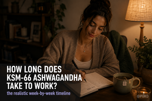 Woman marking a six-week goal in her journal during a calm evening routine, illustrating the KSM-66 ashwagandha timeline