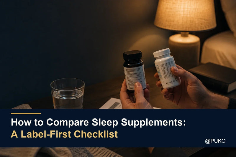 Person comparing two sleep supplement labels beneath the title How to Compare Sleep Supplements: A Label-First Checklist and a small @PUKO watermark