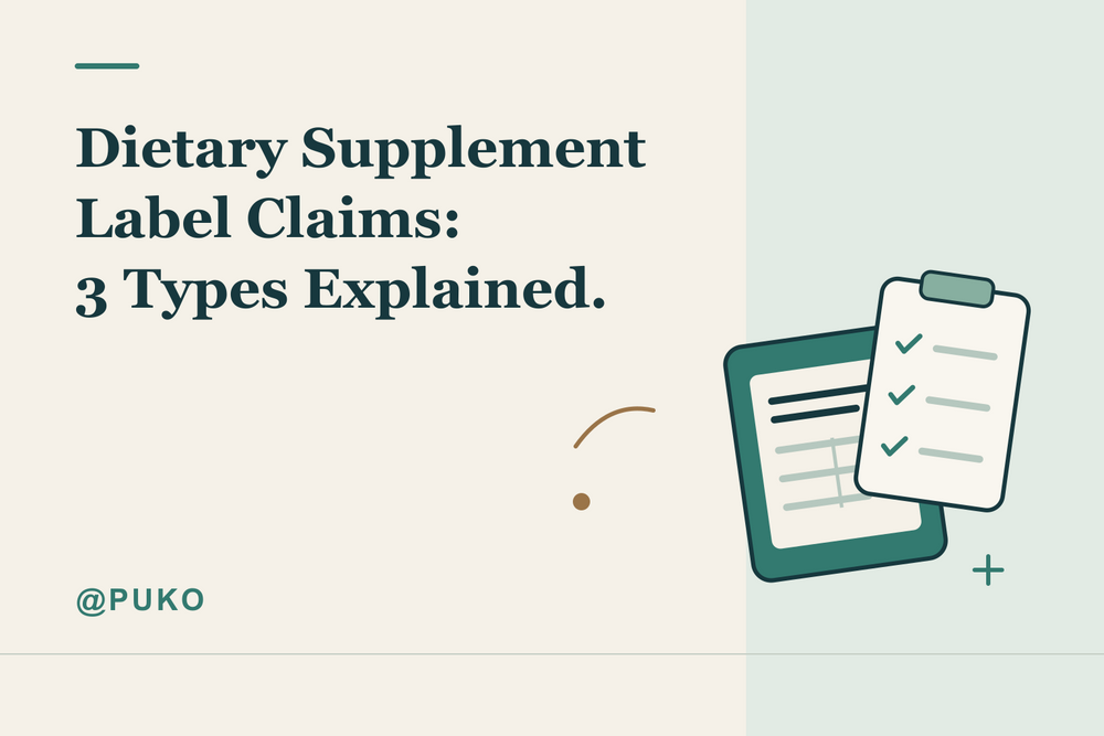 Original editorial label-and-checklist illustration titled “Dietary Supplement Label Claims: 3 Types Explained.” with @PUKO; not a test report or approval badge.