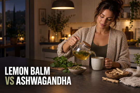 Woman preparing herbal tea beside lemon balm leaves and ashwagandha root for an evidence-based ingredient comparison