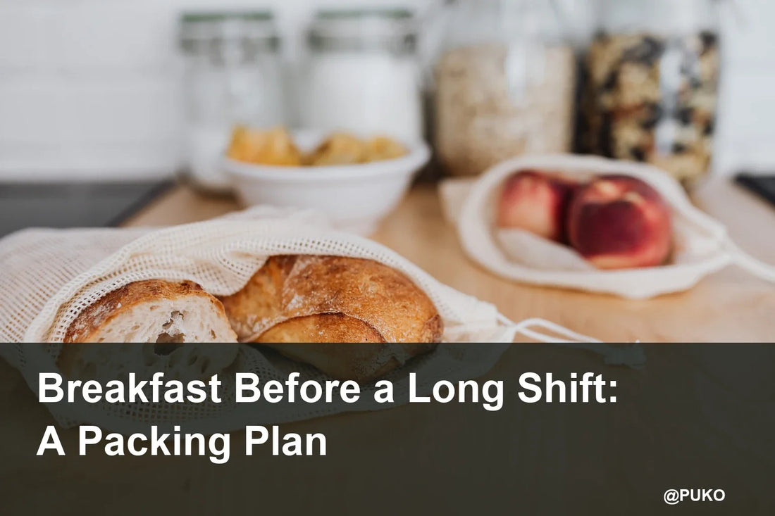 Bread and whole fruit in reusable bags; Breakfast Before a Long Shift: A Packing Plan; @PUKO. Licensed stock, not a PUKO meal or packing test.