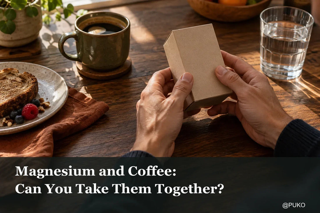 Hands holding a plain carton beside coffee and water, with the title Magnesium and Coffee: Can You Take Them Together?