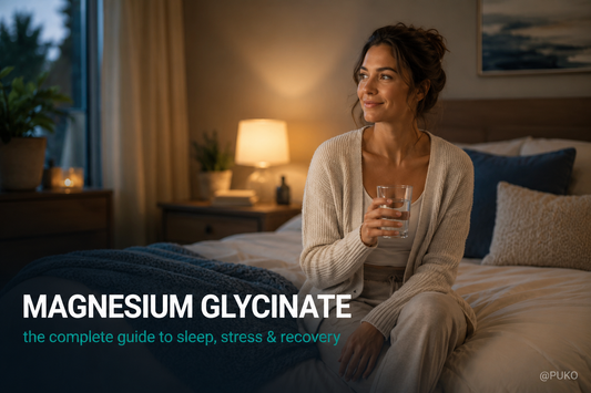 Woman relaxed in a calm evening bedroom, the complete guide to magnesium glycinate for sleep and stress
