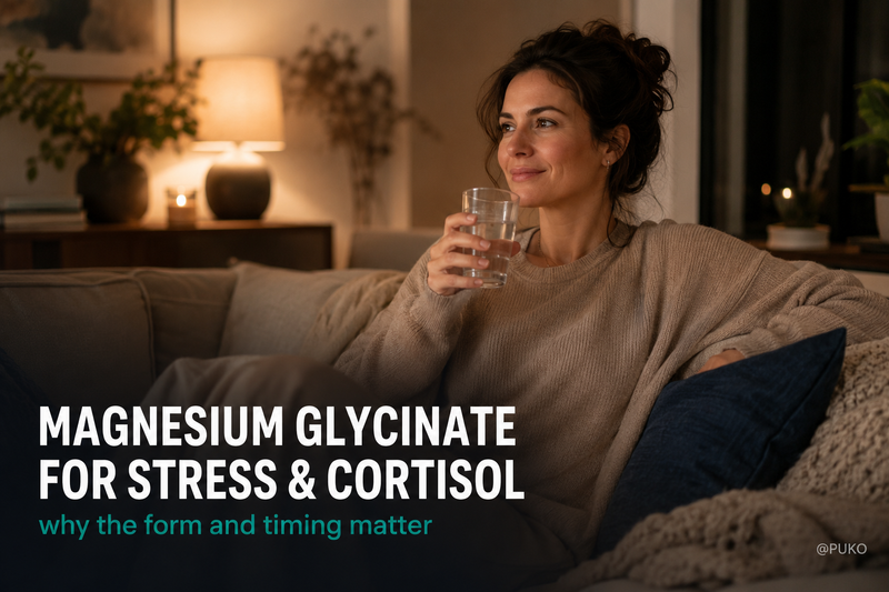 Woman relaxing calmly in a softly lit evening living room, on magnesium glycinate for stress and cortisol