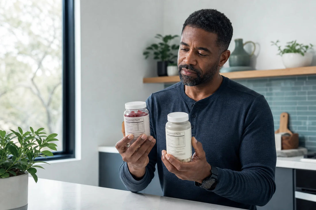 Man comparing magnesium glycinate gummy and capsule supplement labels