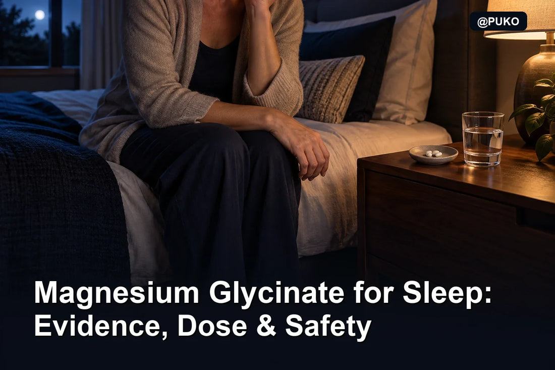 Adult seated on a bed at night beside a glass of water and capsules, with the title Magnesium Glycinate for Sleep: Evidence, Dose & Safety and @PUKO.
