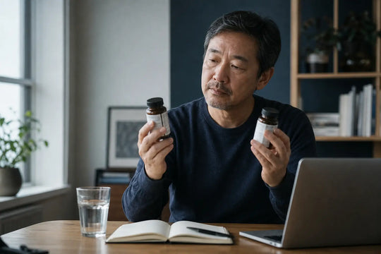 Man comparing two magnesium supplement bottles at a desk