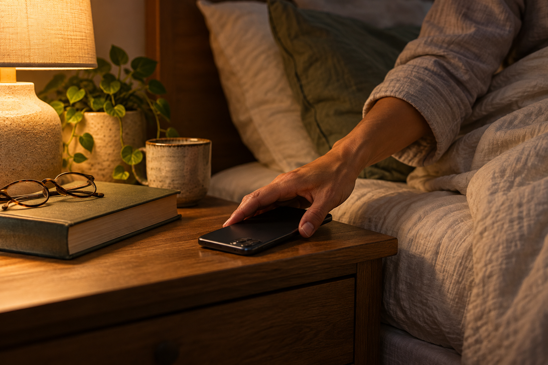 AI-created editorial illustration of a hand putting a phone face-down beside a closed book and a warm bedside lamp, marking a transition away from optional screen activity.