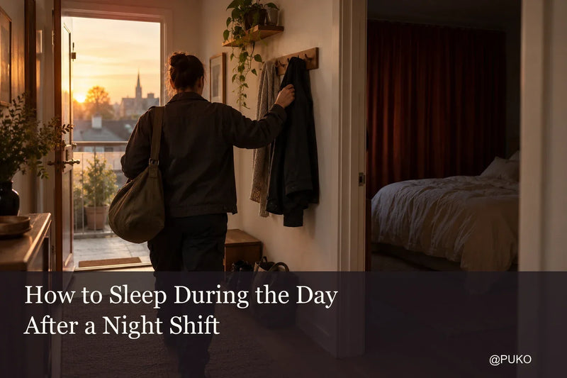 A night worker returns home at sunrise beside a darkened bedroom. The full article title How to Sleep During the Day After a Night Shift and @PUKO appear below.