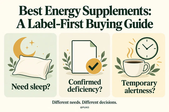 Illustrated label-first energy guide: need sleep, confirmed deficiency, or temporary alertness; different decisions.