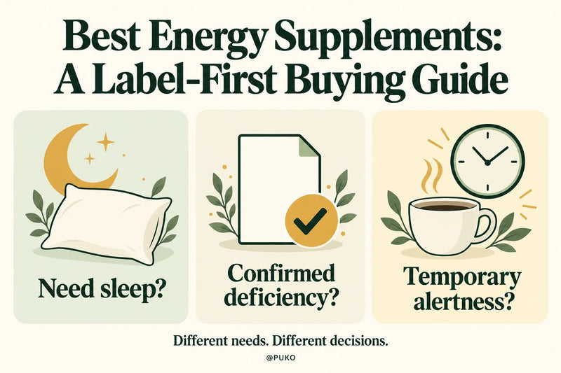 Illustrated label-first energy guide: need sleep, confirmed deficiency, or temporary alertness; different decisions.