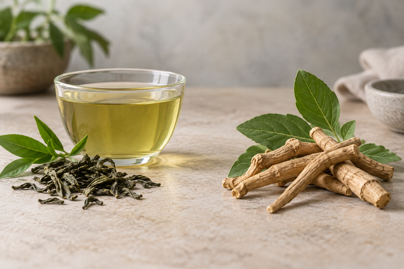 Green tea and tea leaves beside ashwagandha roots and leaves on a neutral tabletop; an ingredient comparison, not a product test