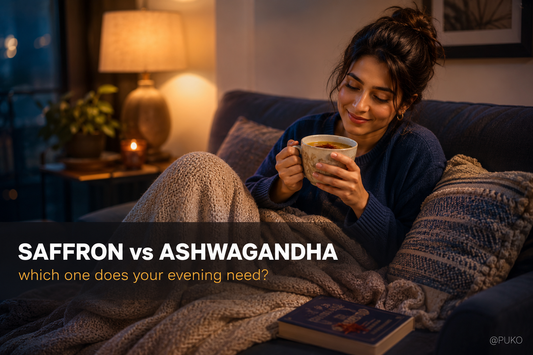 Woman relaxing on a sofa in warm evening light, comparing saffron versus ashwagandha for mood and stress