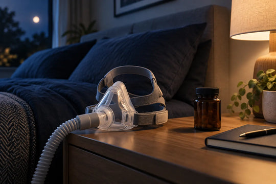 PAP mask, unlabeled supplement bottle and sleep notebook on a bedside table