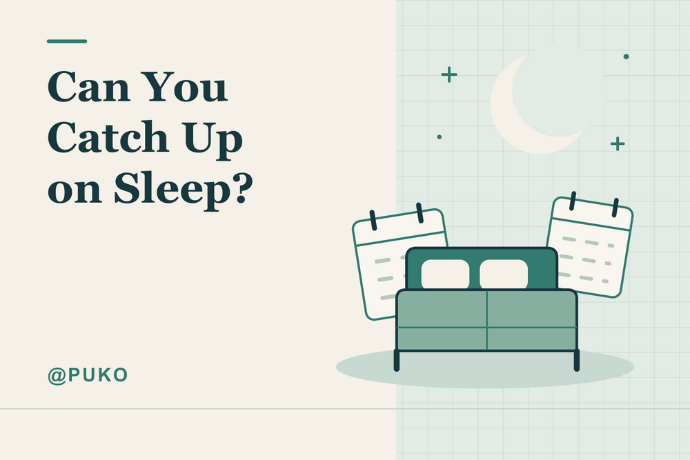 Original editorial illustration of a bed, moon and calendar, titled “Can You Catch Up on Sleep?” with @PUKO; not measured recovery data.