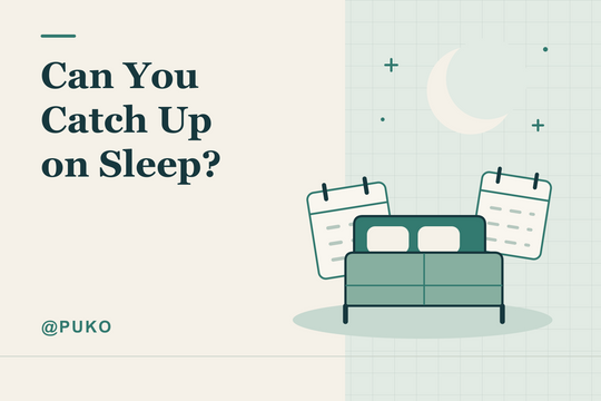 Original editorial illustration of a bed, moon and calendar, titled “Can You Catch Up on Sleep?” with @PUKO; not measured recovery data.