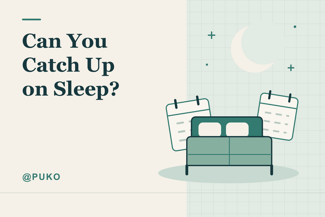 Original editorial illustration of a bed, moon and calendar, titled “Can You Catch Up on Sleep?” with @PUKO; not measured recovery data.