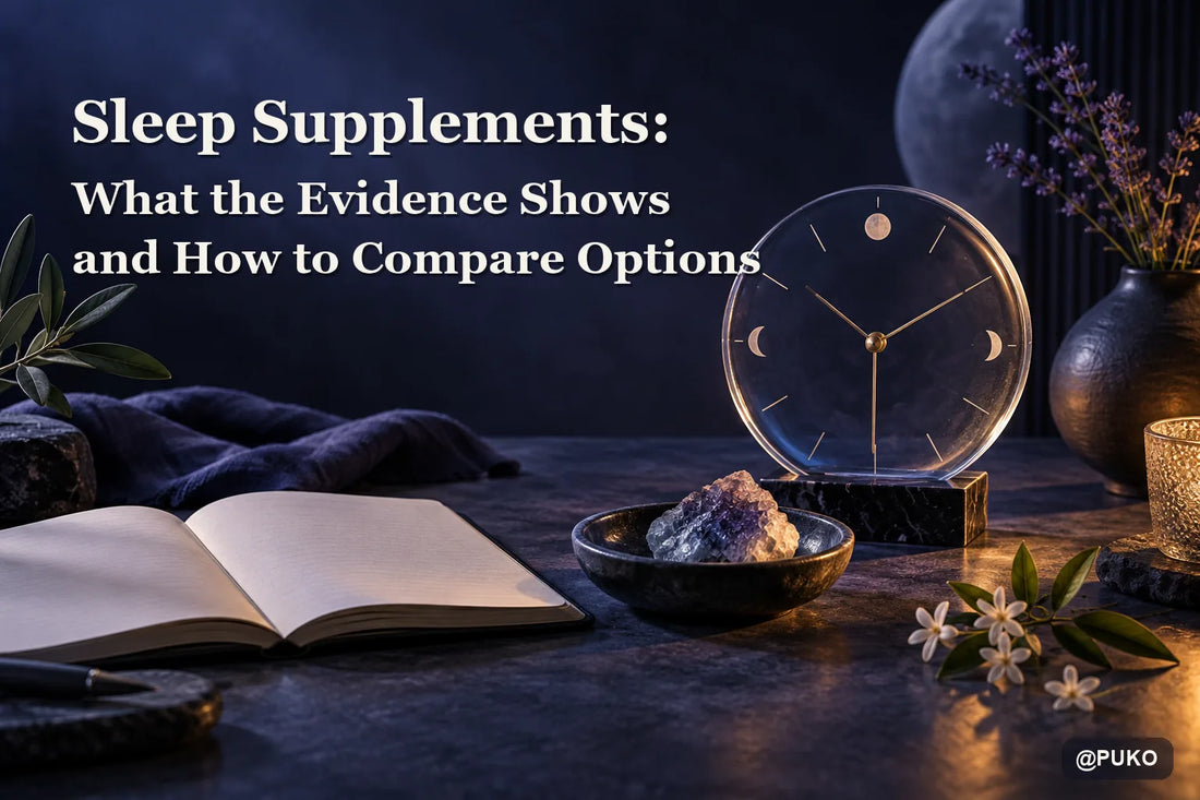 Sleep supplements evidence guide with a nighttime clock, notebook, mineral and botanicals