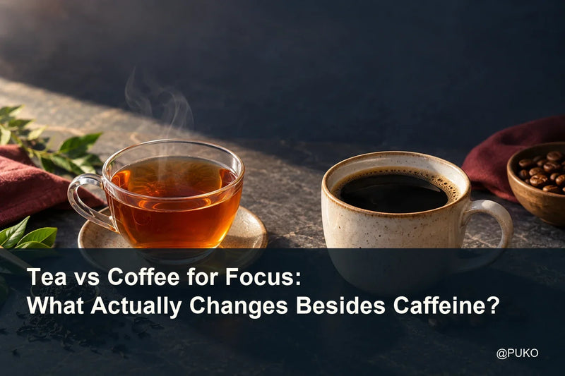 Tea and coffee cups on a warm editorial tabletop with the title Tea vs Coffee for Focus: What Actually Changes Besides Caffeine? and @PUKO.