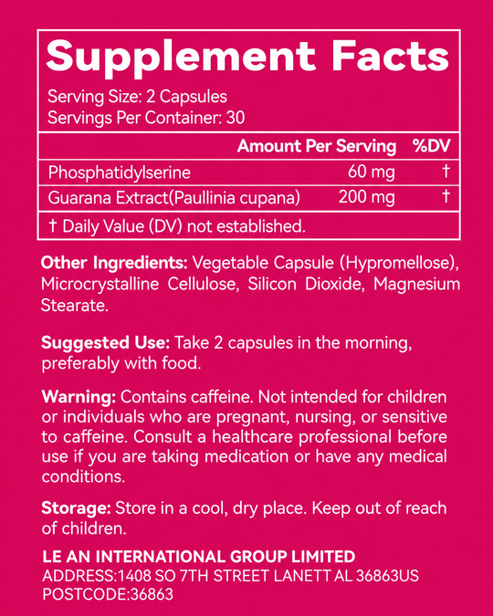PUKO Focus + Drive Supplement Facts and directions label